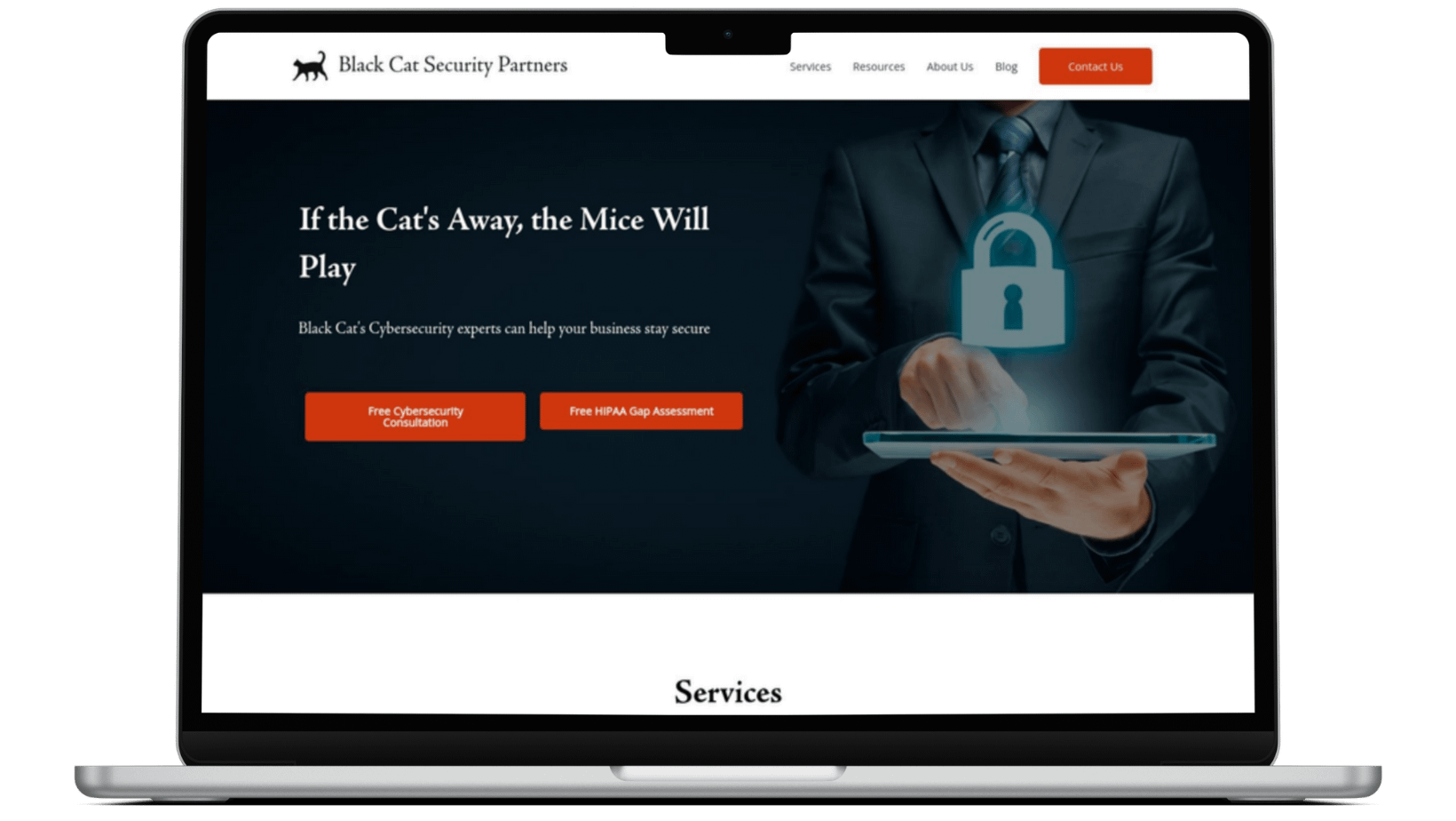 Macbook showing website Black Cat Cybersecurity Partners